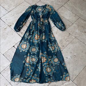 Fashion Nova Floral Long Sleeve Dress in Teal and Beige